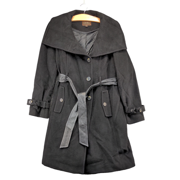 Cole Haan Women's Coat Black 8 Double Breasted Drape Neck Belt Wool & Cashmere